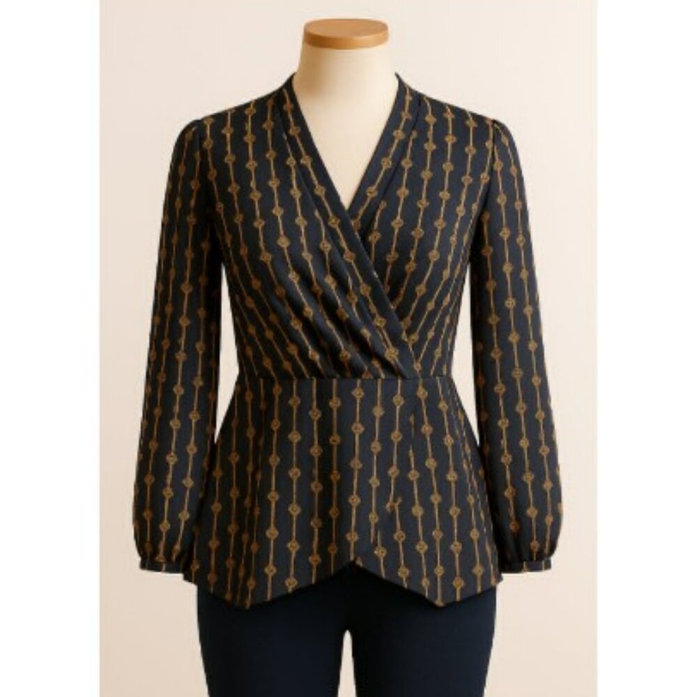 Key Print Puffed Sleeve Peplum Top